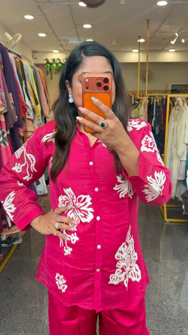 Front and back embroidered inner Mul chanderi co ord in Rani pink