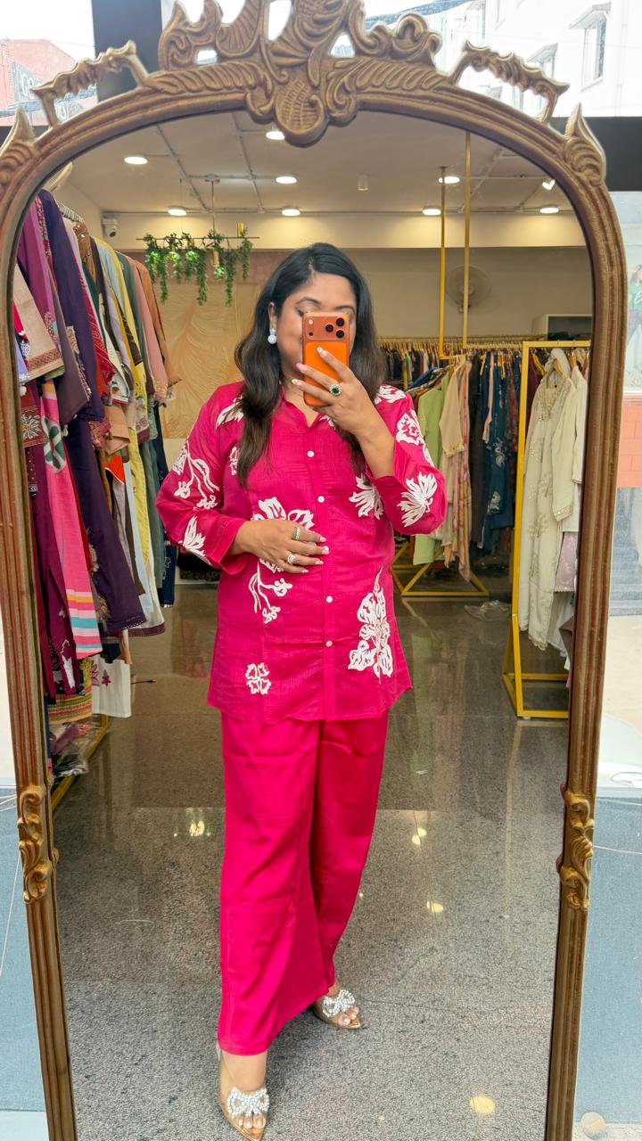Front and back embroidered inner Mul chanderi co ord in Rani pink