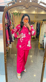 Front and back embroidered inner Mul chanderi co ord in Rani pink