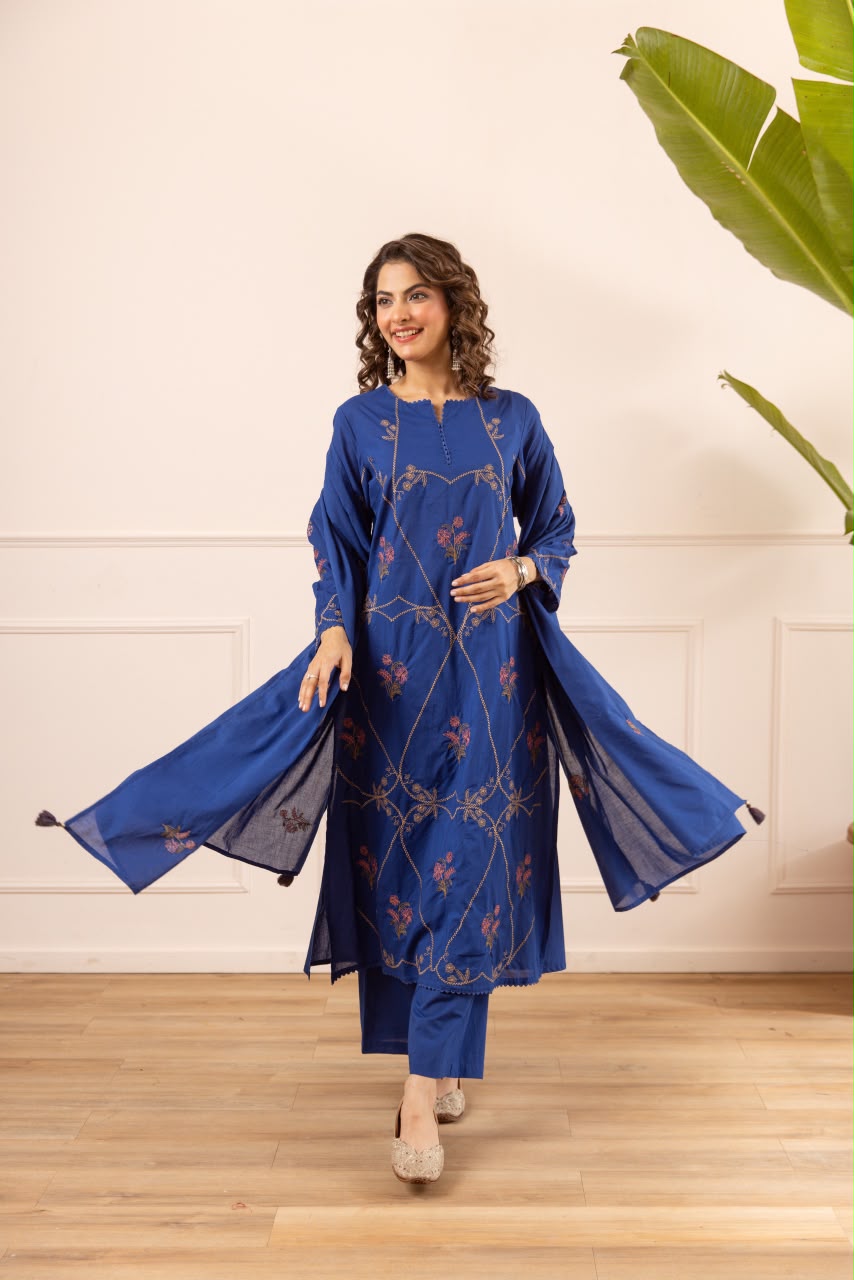 Pure cotton embroidered suit set in royal blue