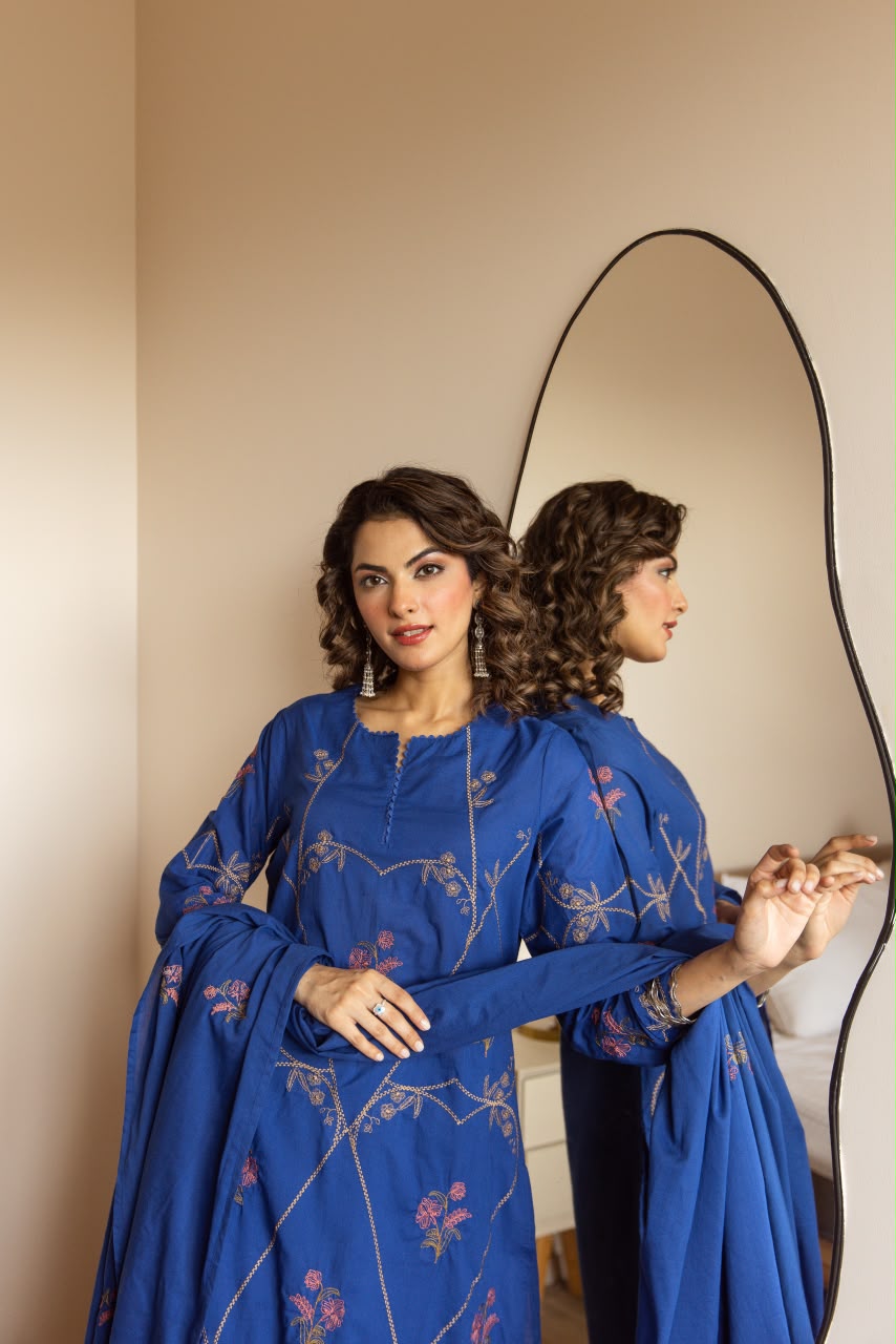 Pure cotton embroidered suit set in royal blue