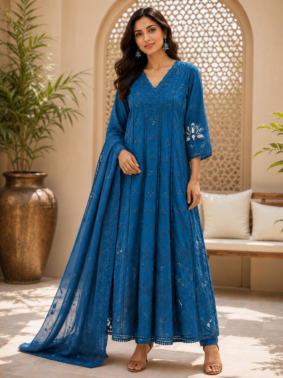 Cotton cutwork Anarkali suit set in blue