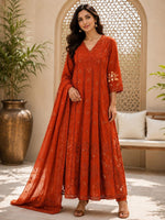 Cotton cutwork Anarkali suit set in orange