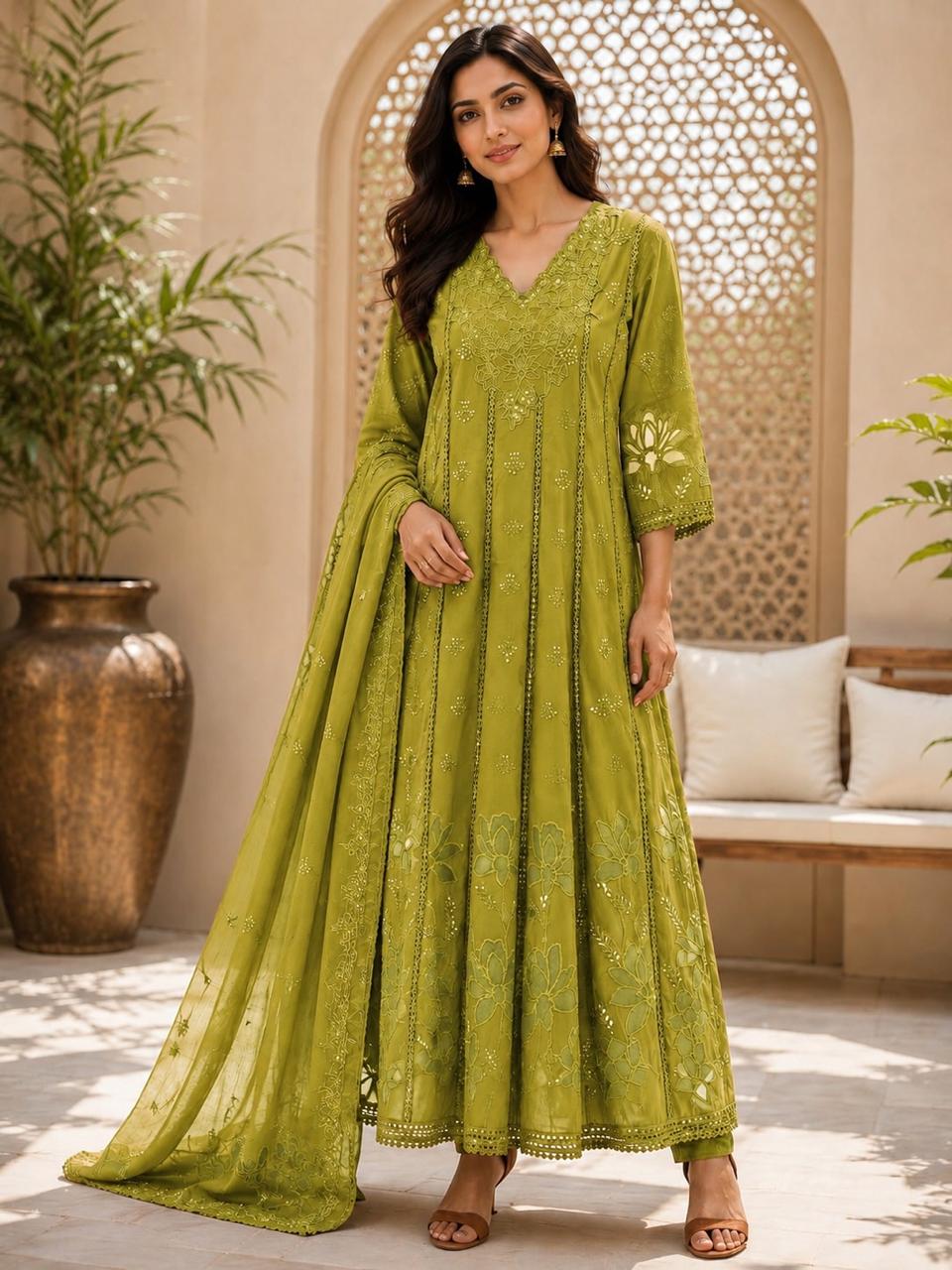 Cotton cutwork Anarkali suit set in green