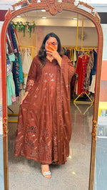 Restocked bestseller! Cotton cutwork Anarkali suit set in brown