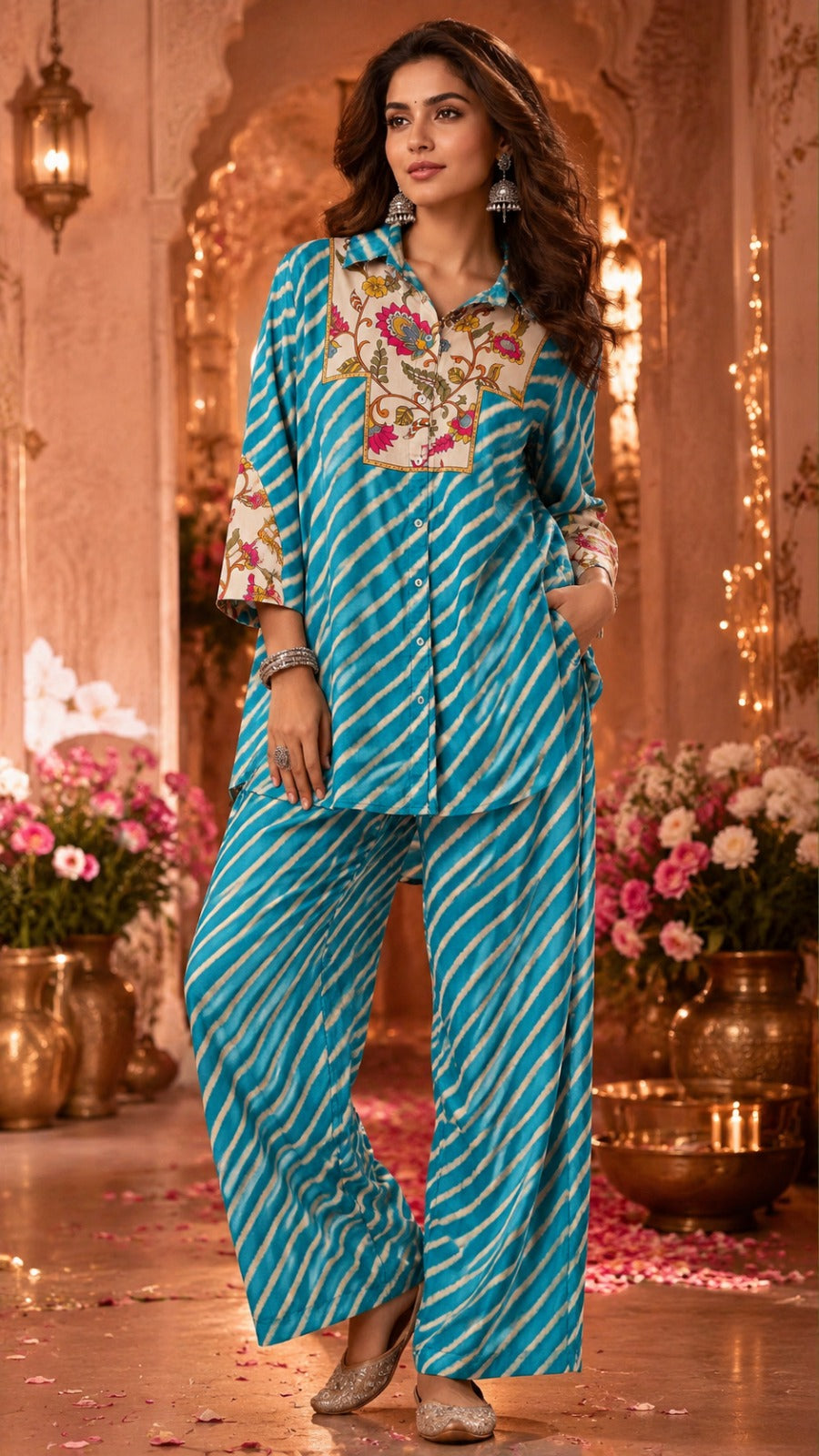 Super soft pure muslin lehariya co ord in blue