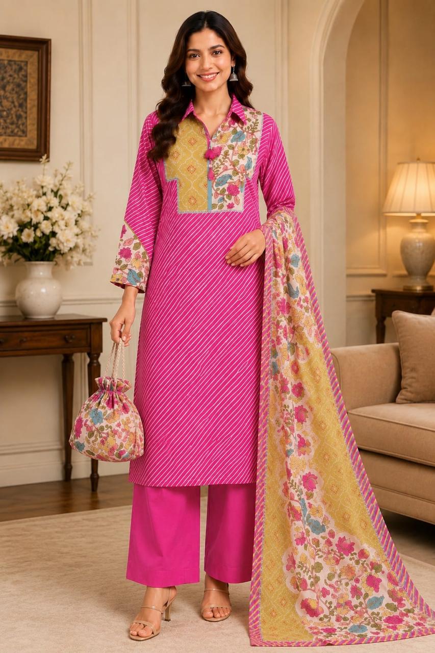 Super soft lehariya and Kalamkari Mul silk suit set in Rani pink with potli