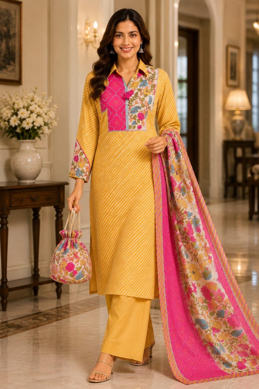 Super soft lehariya and Kalamkari Mul silk suit set in yellow with potli