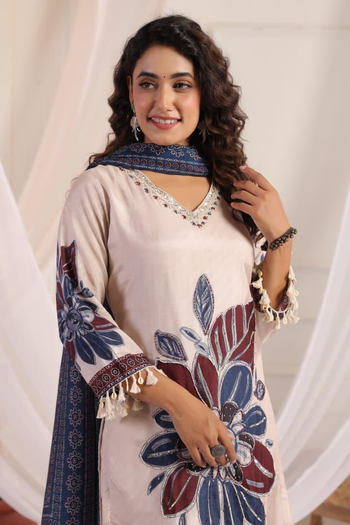 Russian silk ajrakh farshi salwar suit set