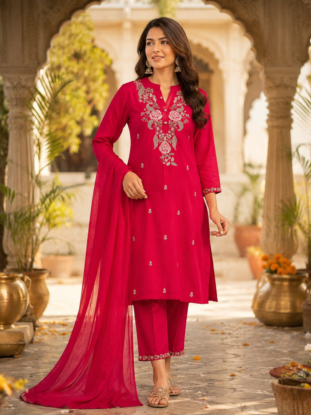 Super pretty red cotton embroidered suit set