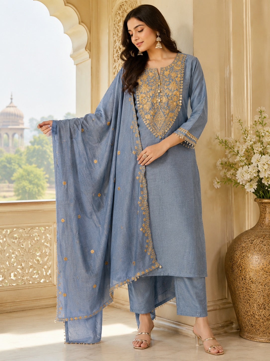 Pretty denim cotton light blue zaridetailing full suit set
