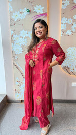 Pure cotton embroidered real mirror designer pocket full cotton suit set in red