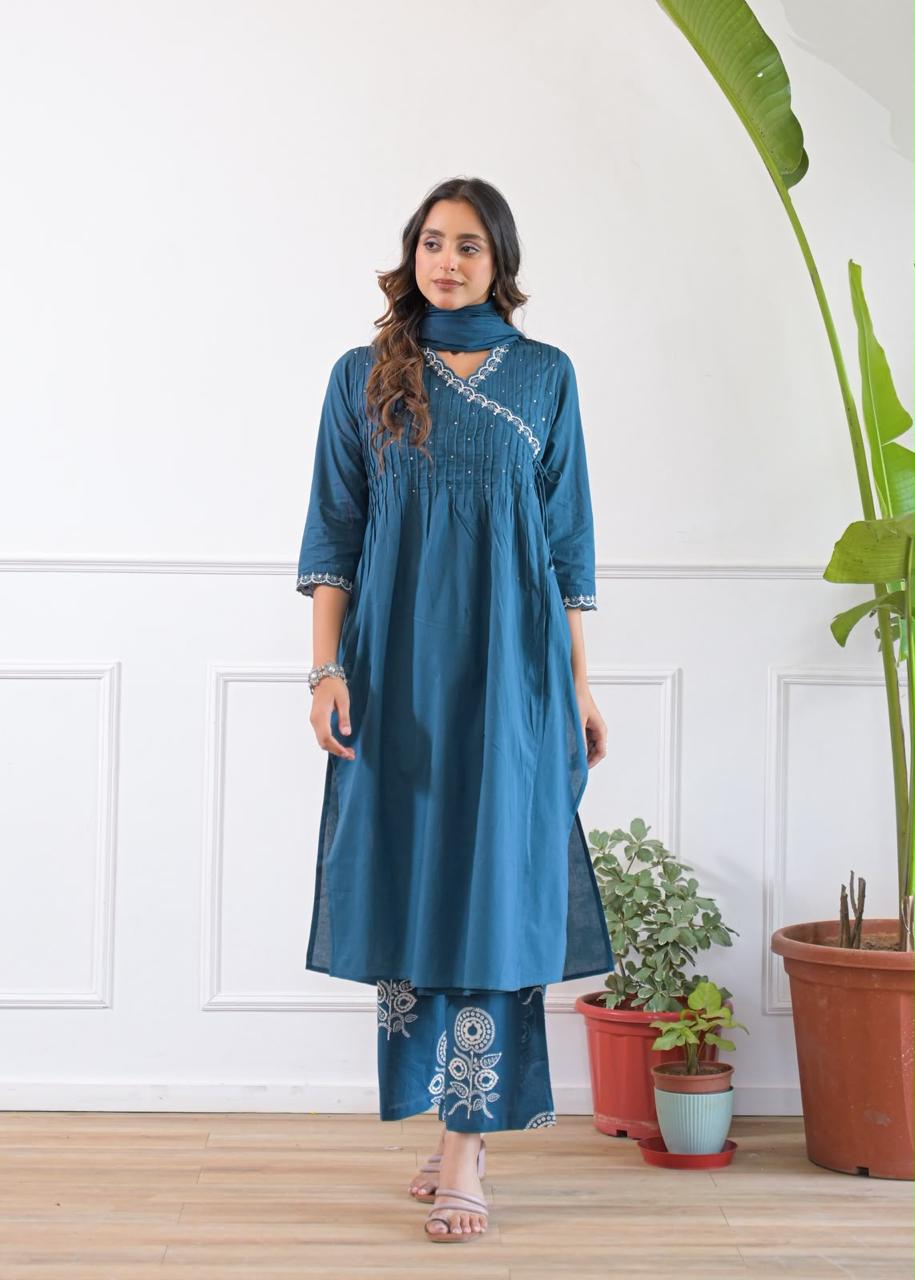 Designer cotton angrakha suit set in teal blue paired with printed plazzo and dupatta