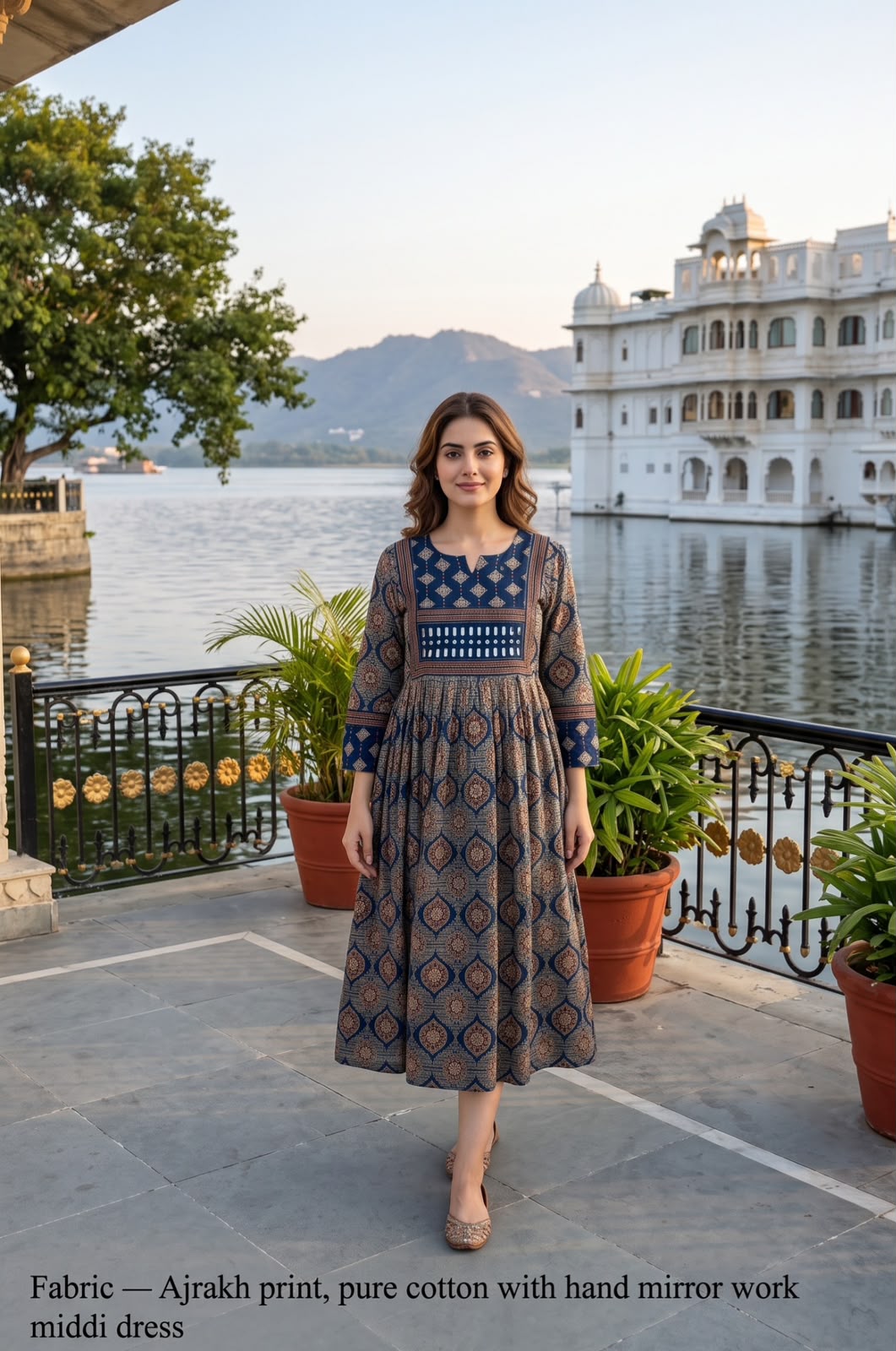 Ajrakh cotton real mirror dress in blue