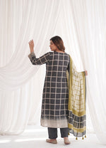 Mul silk digital printed chequeredsuit set in black n yellow (Plus Sizes Only)