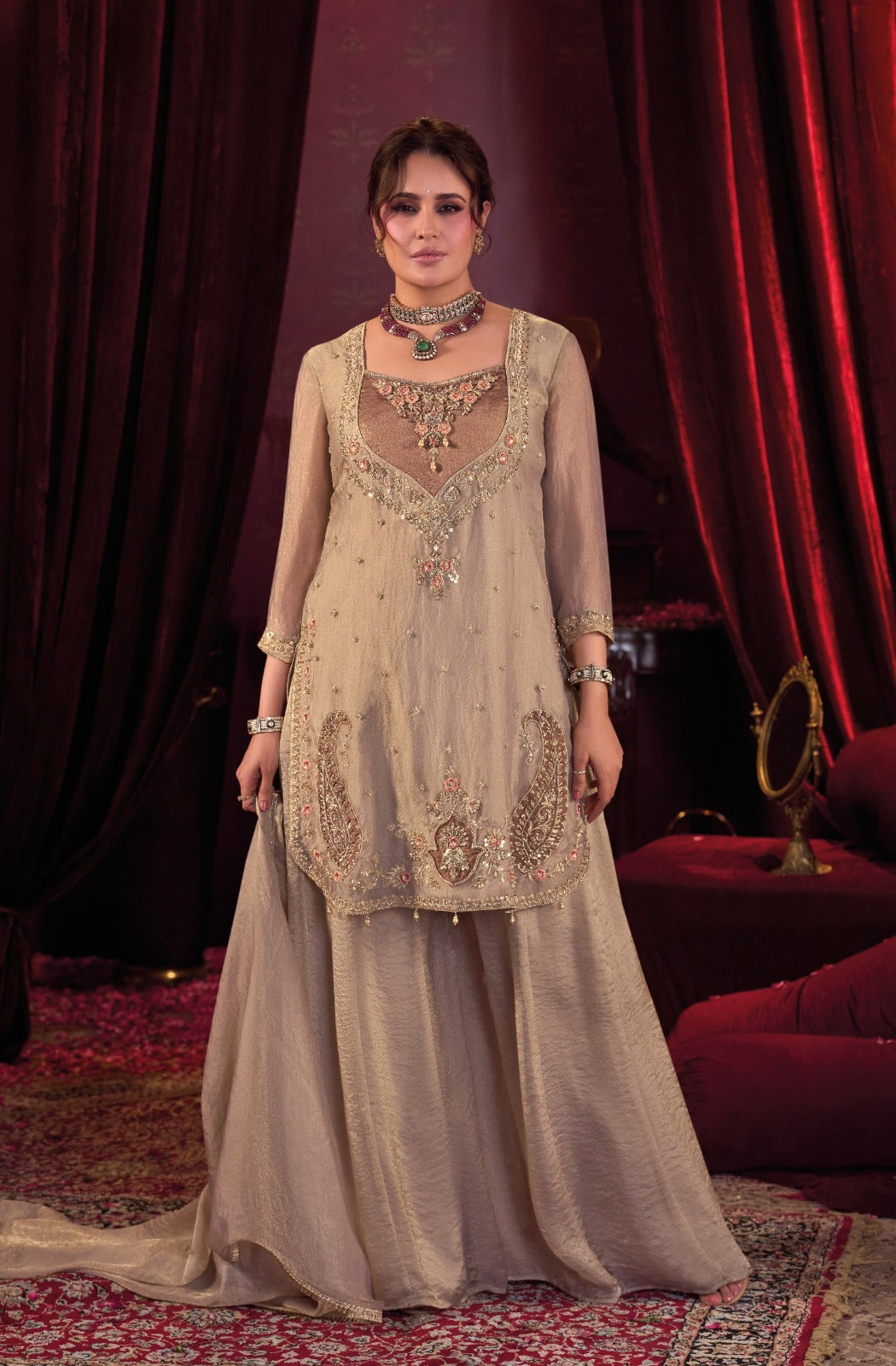 Tissue party wear hand work plazzo suit set