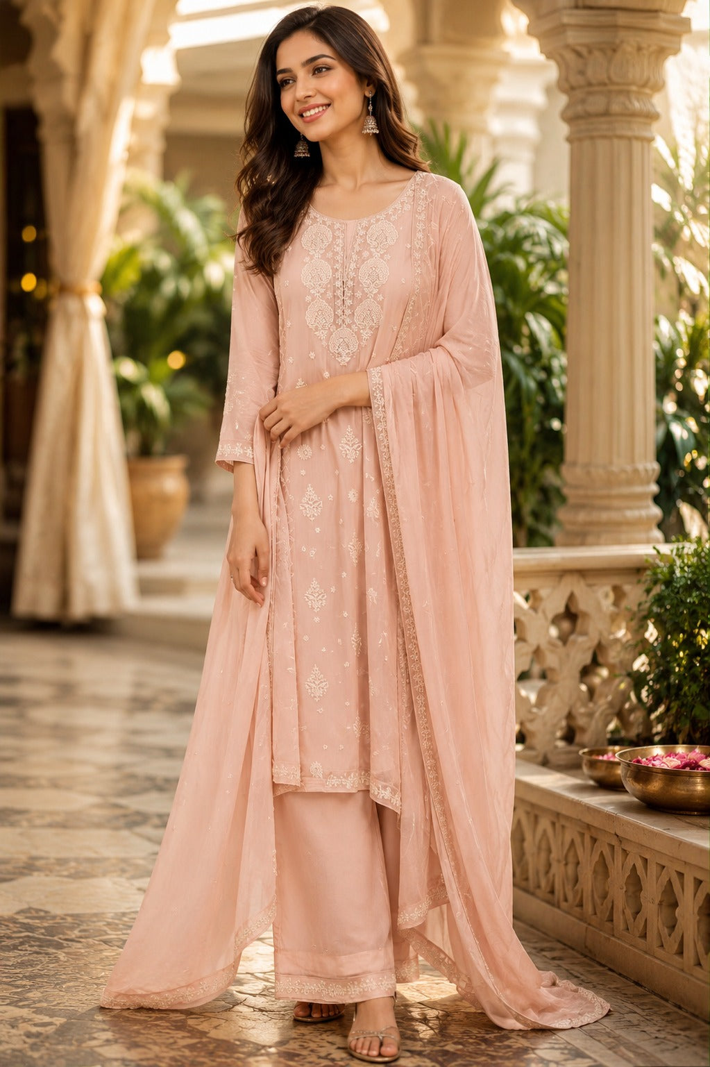 Premium georgette pearl work plazzo suit