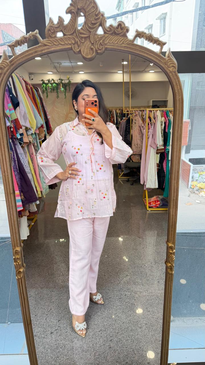 Premium Mul Chanderi embroidered with inner co ord in baby pink
