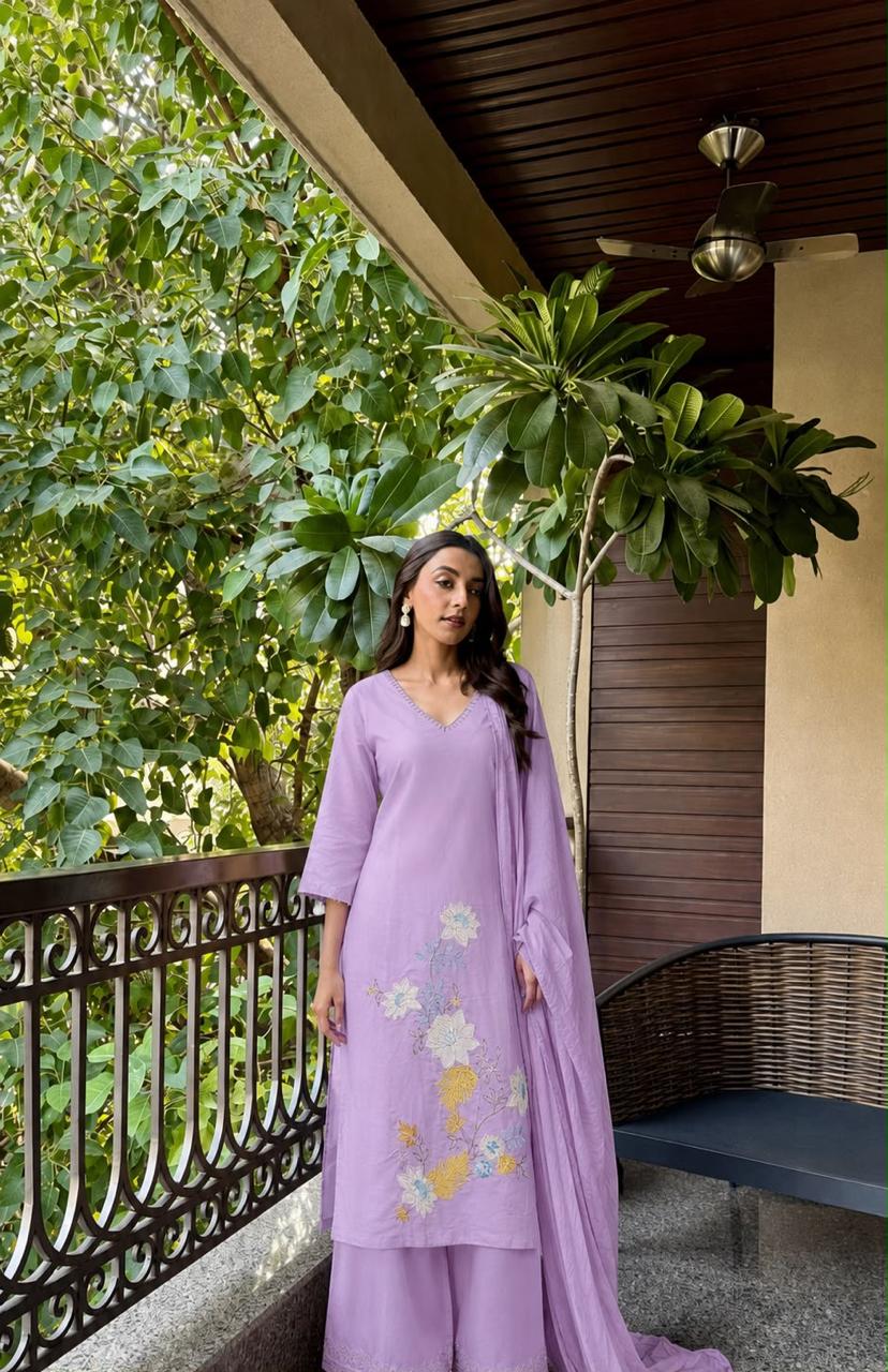 Pure cotton applique work suit set in lilac