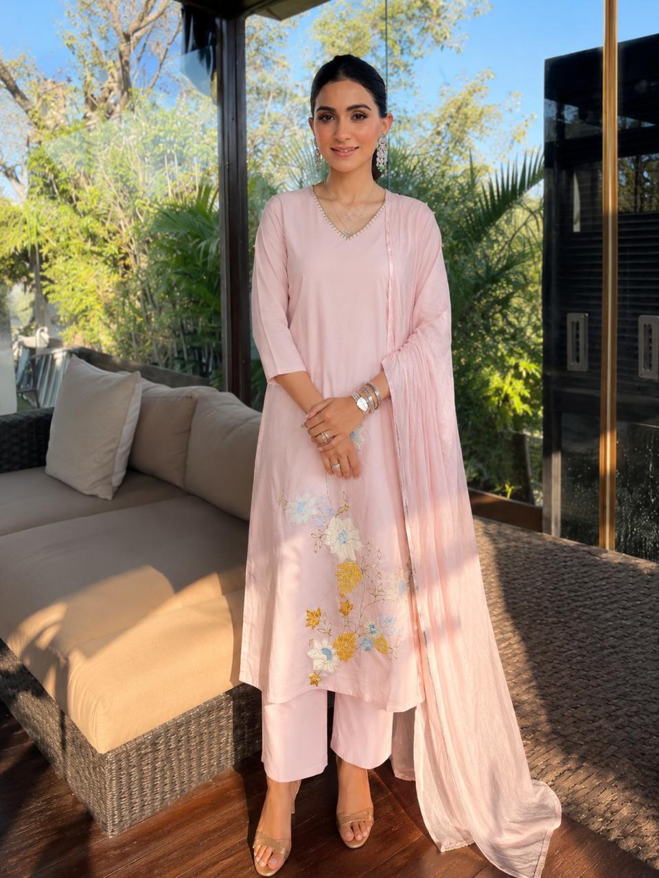 Pure cotton applique work suit set in pink