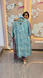 Pure cotton embroidered full suit set in blue
