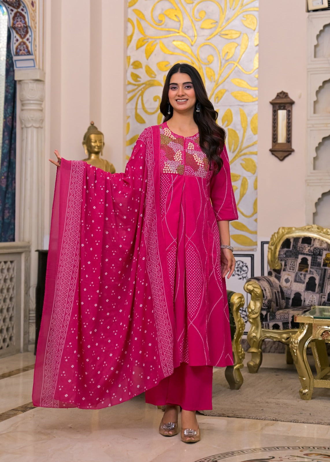 Pure cotton embroidered suit set in pink