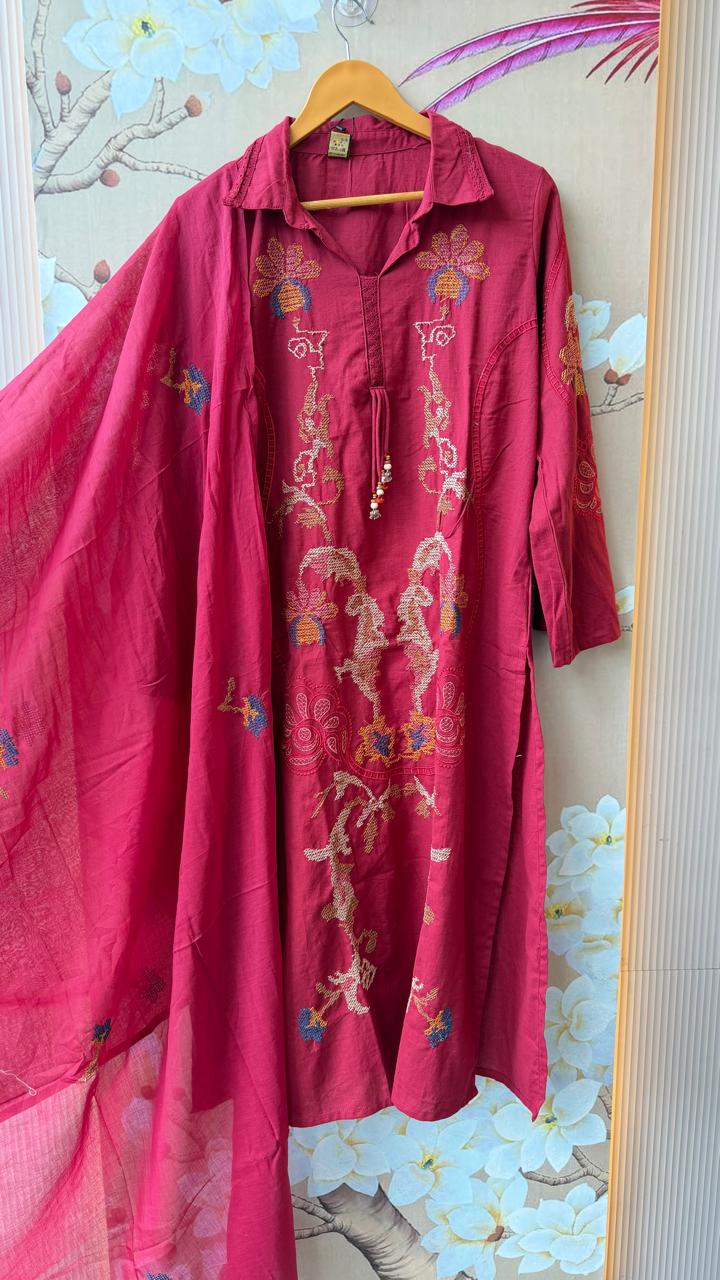 Pure cotton fully embroidered plazzo pant suit set