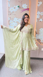 Premium chinon very handwork plazzo suit set in mint green