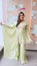 Premium chinon very handwork plazzo suit set in mint green