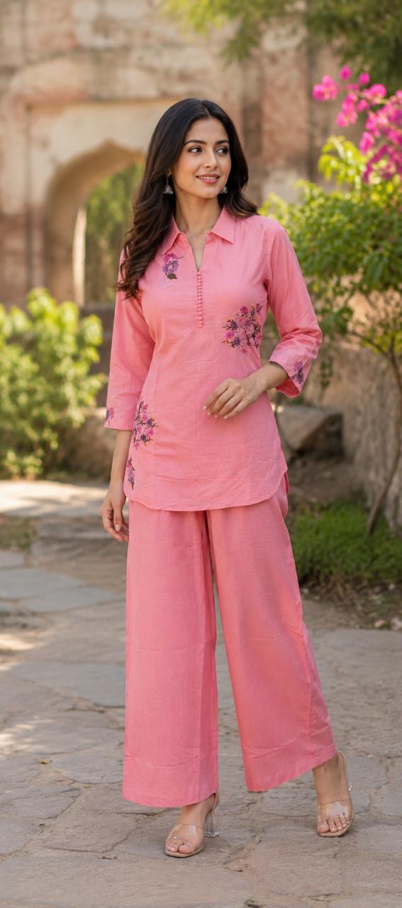 Pure Mul cotton embroidered co ord in peach