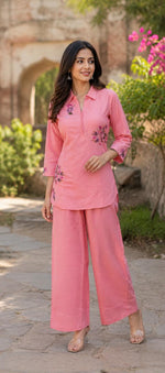 Pure Mul cotton embroidered co ord in peach