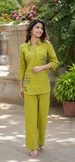 Pure Mul cotton embroidered co ord in green