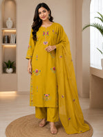 Pure cotton embroidered suit set in yellow