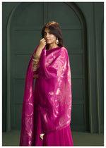 Rani pink lace detailing suit set paired with Banarasi dupatta