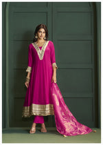 Rani pink lace detailing suit set paired with Banarasi dupatta