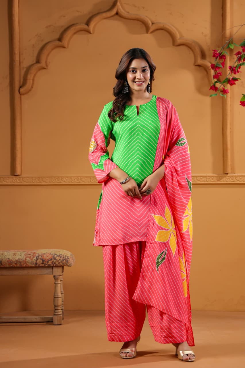 Pure softest muslin with lining and farshi salwar in pink n green