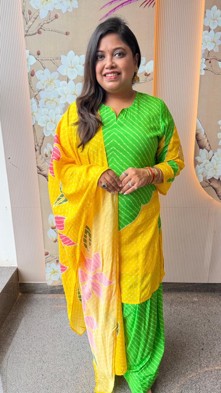 Pure softest muslin with lining and farshi salwar in yellow n green