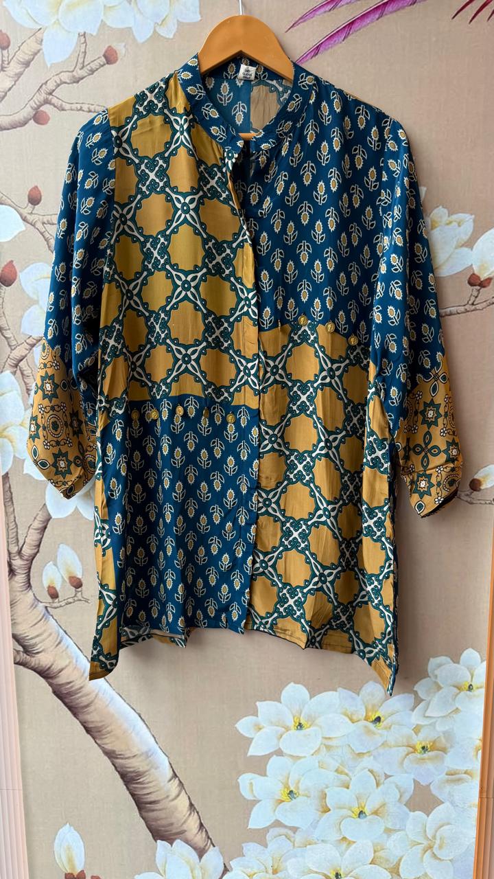 Pretty Kalamkari front n back top in blue n yellow