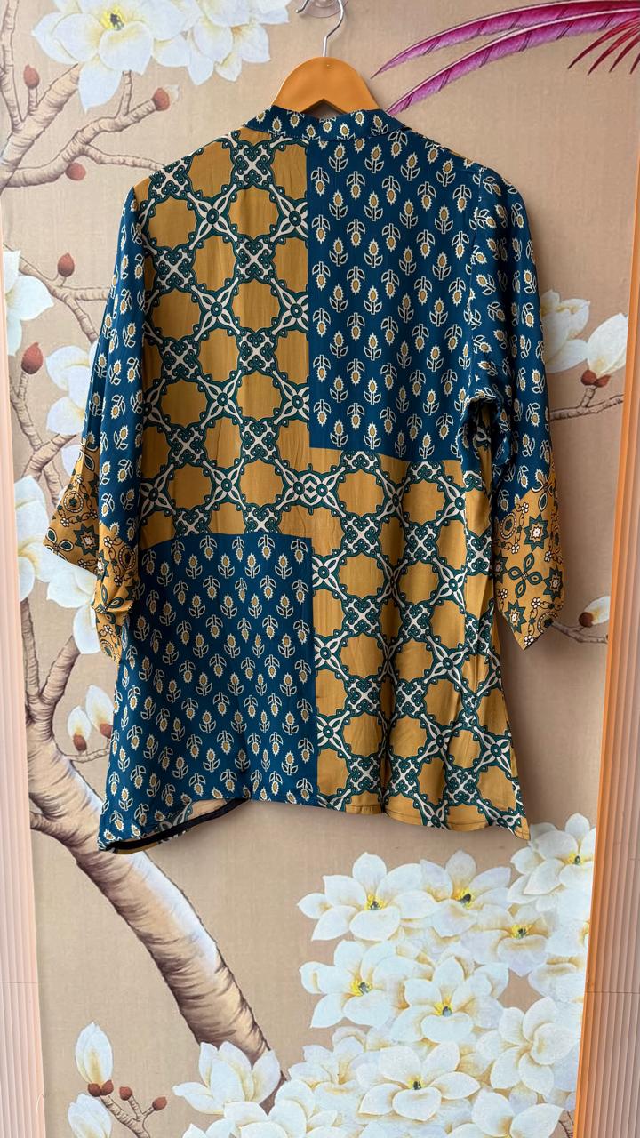 Pretty Kalamkari front n back top in blue n yellow