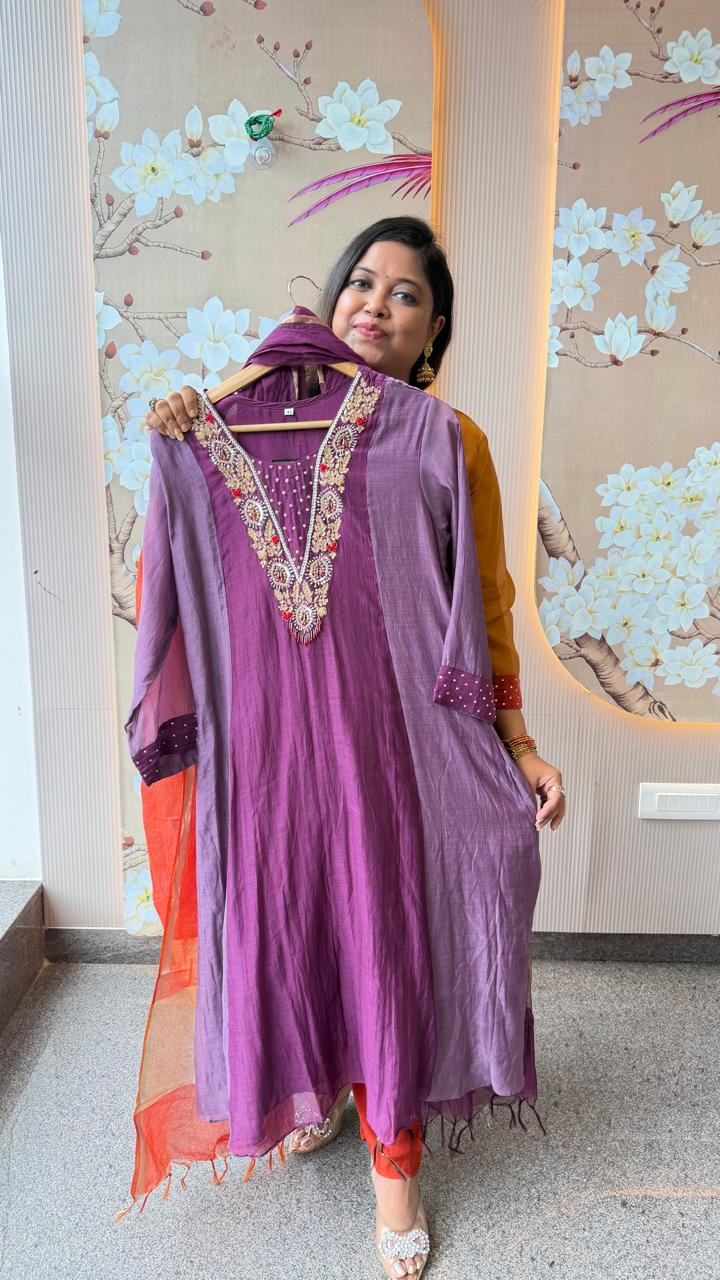 Pure Banarasi mul chanderi lining suit set in purple