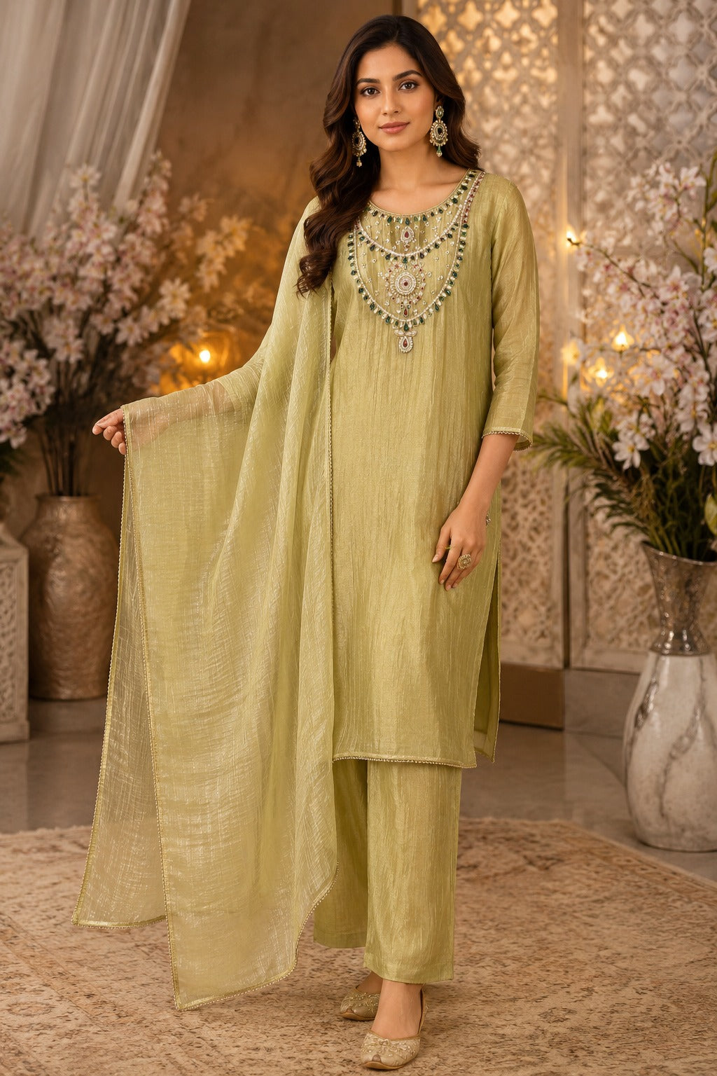Premium tissue with necklace pattern full suit set in mint green