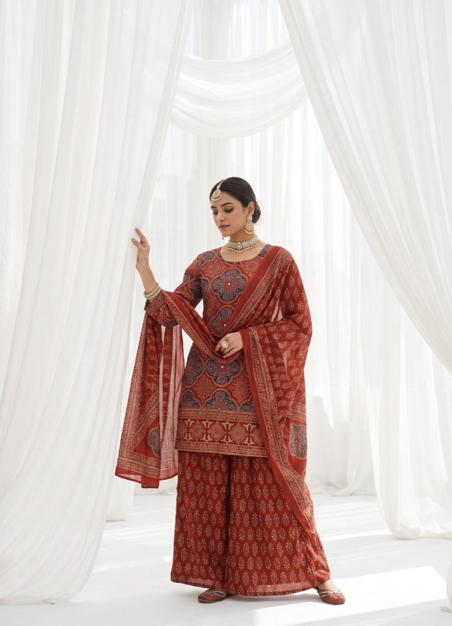 Cotton ajrakh plazzo full suit set in red
