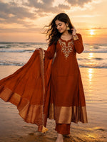 Pretty Mul chanderi with zari work and detailing lining full suit in brown