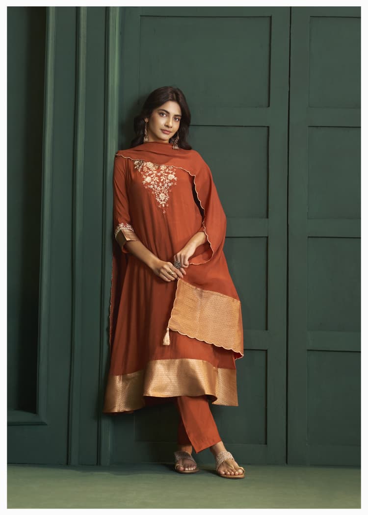 Pretty Mul chanderi with zari work and detailing lining full suit in orange