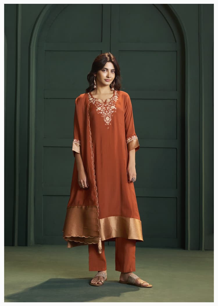 Pretty Mul chanderi with zari work and detailing lining full suit in orange