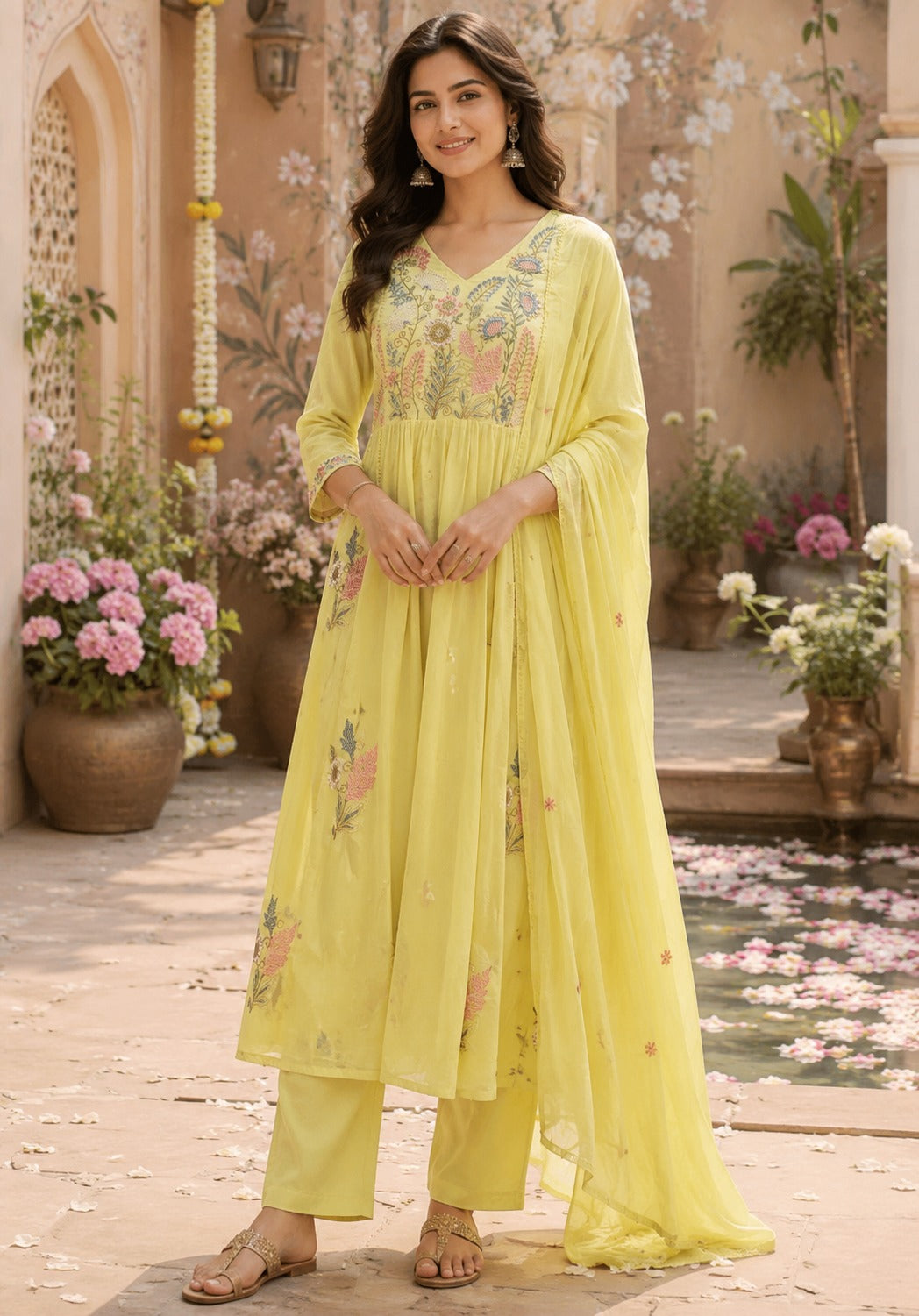 Super pretty Mul cotton embroidered in like yellowFull suit