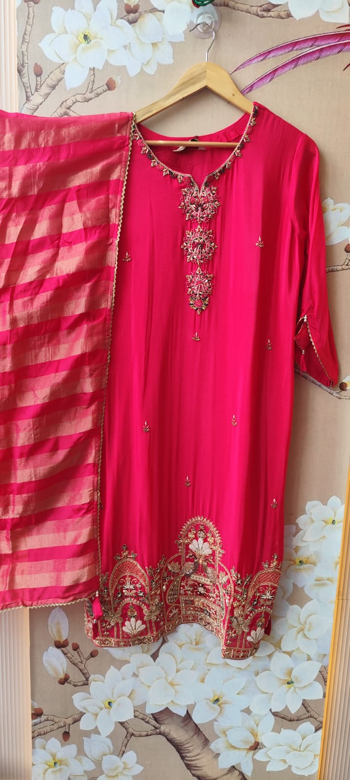 Pure chinon heavy hand work with Banarasi dupatta