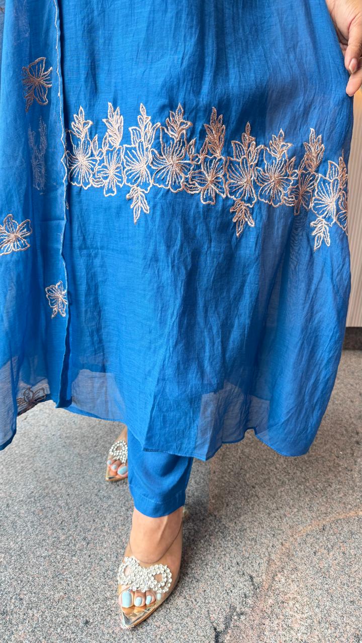 Royal blue pure Banarasi Mul chanderi zari detailing suit set