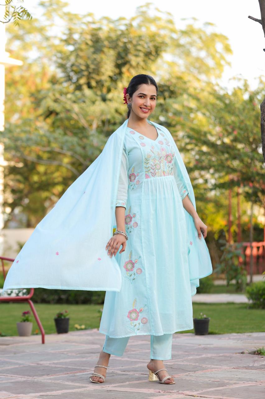 Super soft Mul cotton embroidered suit set in blue