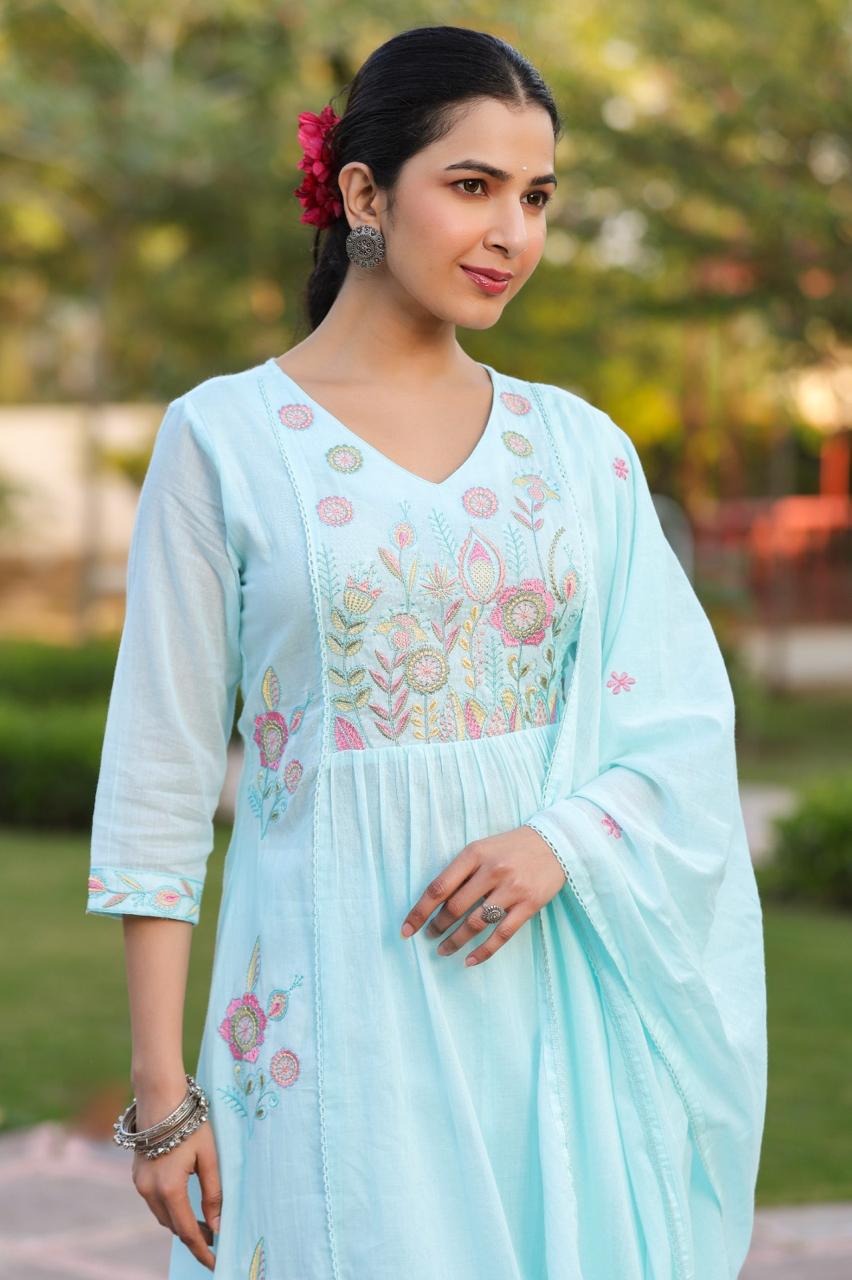 Super soft Mul cotton embroidered suit set in blue